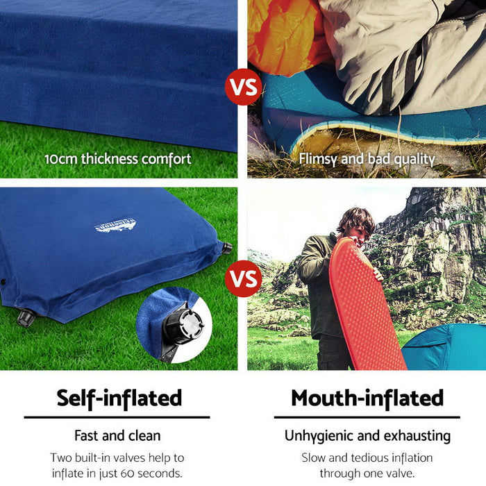 Weisshorn Self Inflating Mattress Camping Sleeping Mat Air Bed Pad Double Navy 10CM Thick - Outbackers