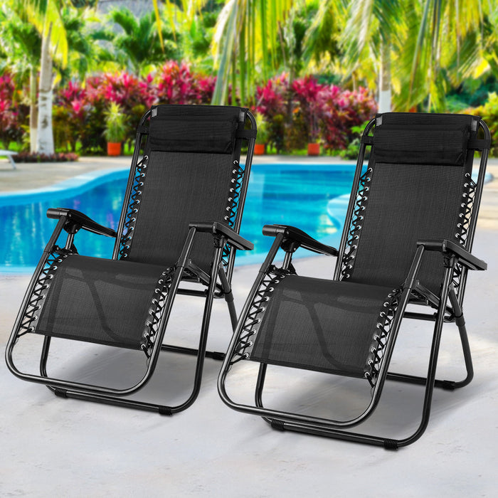 Gardeon Set of 2 Zero Gravity Chairs Reclining Outdoor Furniture Sun Lounge Folding Camping Lounger Black - Outbackers