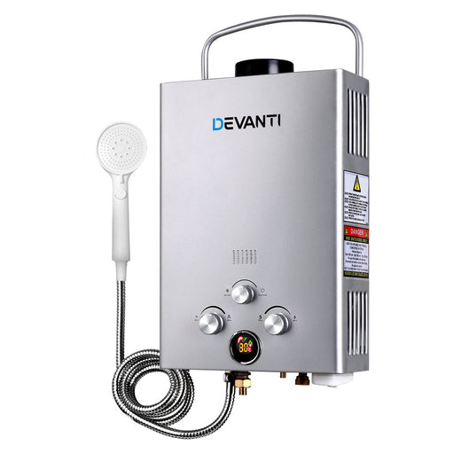 Devanti Outdoor Gas Water Heater Portable Camping Shower 12V Pump Silver - Outbackers