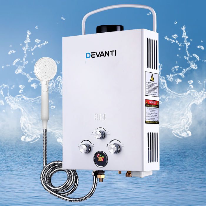 Devanti Portable Gas Hot Water Heater Outdoor Camping Shower 12V Pump White - Outbackers