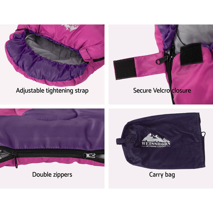 Weisshorn Sleeping Bag Bags Kid 172cm Camping Hiking Thermal Pink - Outbackers