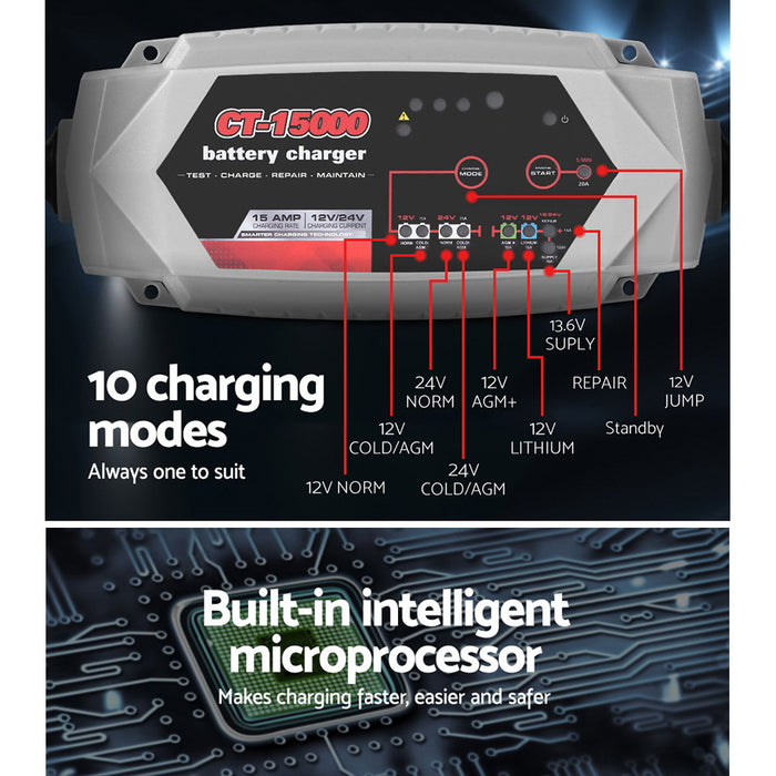 Smart Battery Charger 15A 12V 24V Automatic SLA AGM Car Truck Boat Motorcycle Caravan - Outbackers