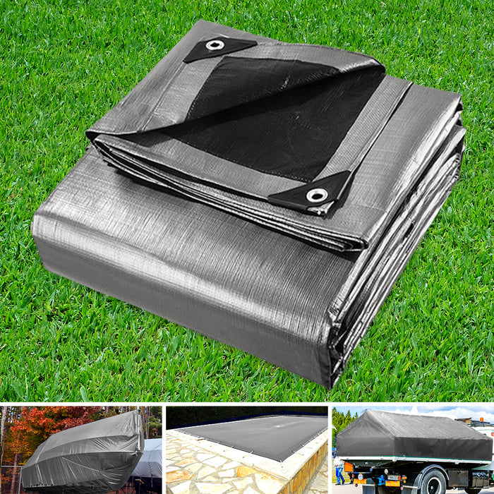 Instahut 7.3x9m Tarp Camping Tarps Poly Tarpaulin Heavy Duty Cover 180gsm Silver - Outbackers