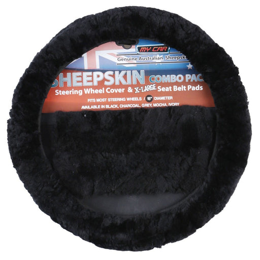 Sheepskin Steering Wheel Cover & Seat Belt Pads Combo Luxury - Black - Outbackers