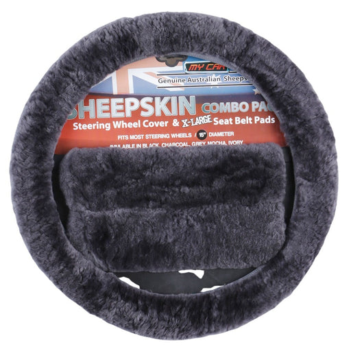 Sheepskin Steering Wheel Cover & Seat Belt Pads Combo Luxury - Charcoal - Outbackers