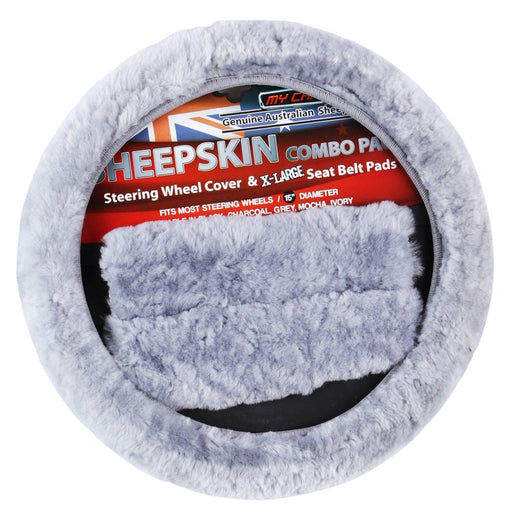 Sheepskin Steering Wheel Cover & Seat Belt Pads Combo Luxury - Grey - Outbackers