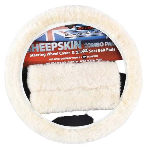 Sheepskin Steering Wheel Cover & Seat Belt Pads Combo Luxury - Ivory - Outbackers