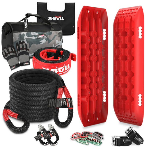 X-BULL Recovery Kit Kinetic Recovery Rope With 2PCS Recovery Tracks Gen2.0 Red - Outbackers