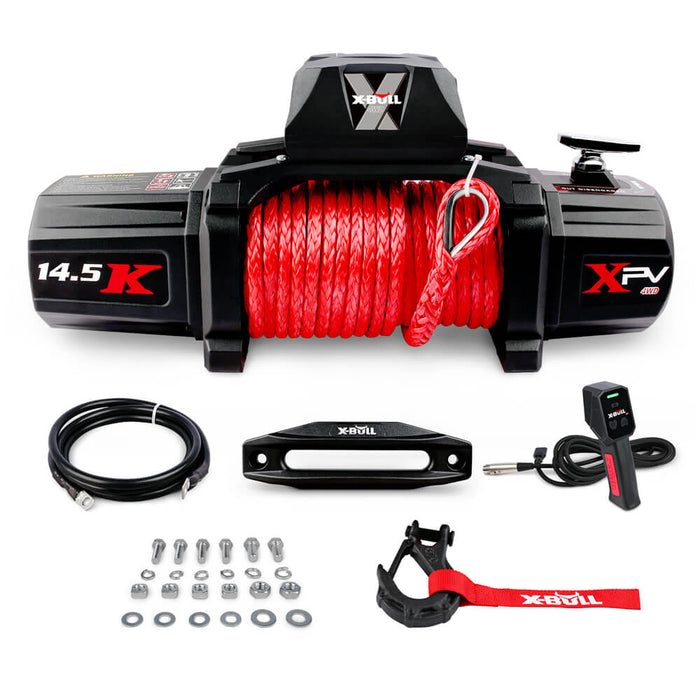 X-BULL 14500LBS Electric Winch 12V synthetic rope with 4PCS Recovery Tracks Gen3.0 Red - Outbackers