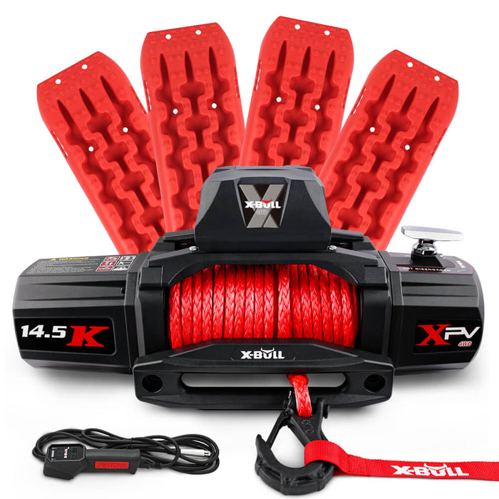 X-BULL 4WD Electric Winch 14500LBS 12V synthetic rope with 2 Pairs Recovery Tracks Gen2.0 Red - Outbackers