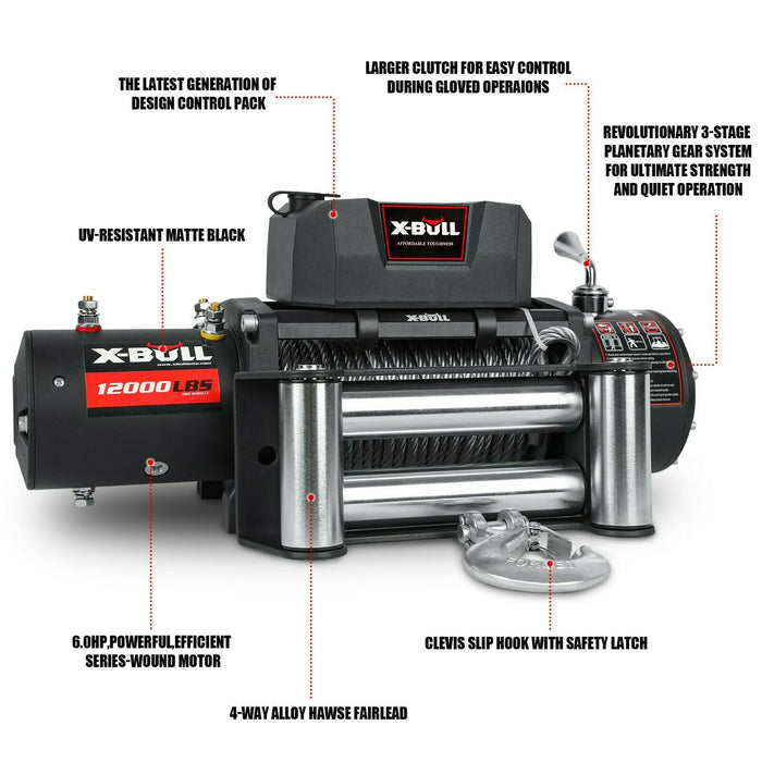 X-BULL Electric Winch 12000LBS/5454KGS Steel Cable 12V Wireless Remote Offroad - Outbackers