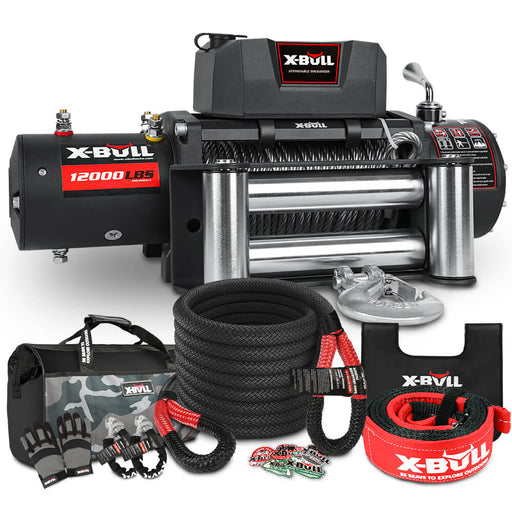 X-BULL 4WD Recovery Kit Kinetic Recovery Rope With 12000LBS Electric Winch 12V Winch 4WD 4X4 Offroad - Outbackers