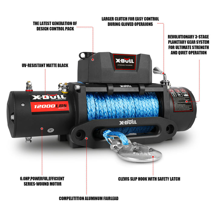 X-BULL Electric Winch 12V 12000LBS/5454kg 26M Synthetic Rope Wireless Remote 4WD 4X4 - Outbackers