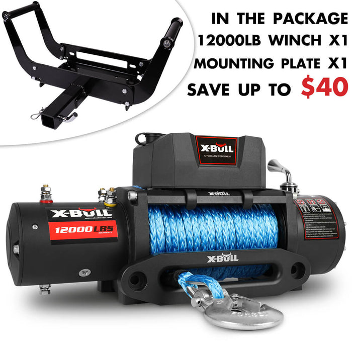 X-BULL 4x4 Electric Winch 12V 12000LBS synthetic rope 4WD Car with winch mounting plate - Outbackers