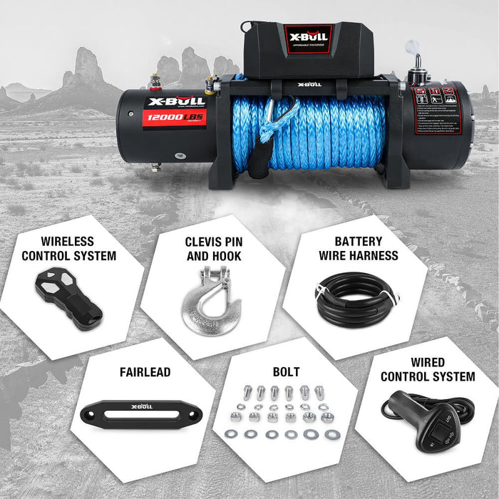 X-BULL 4x4 Electric Winch 12V 12000LBS synthetic rope 4WD Car with winch mounting plate - Outbackers