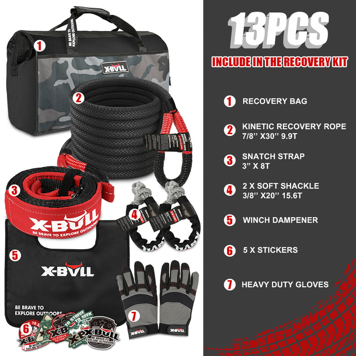 X-BULL Recovery Rope kit Snatch Strap Soft Shackles Hitch receiver Kinetic Tire Deflator - Outbackers