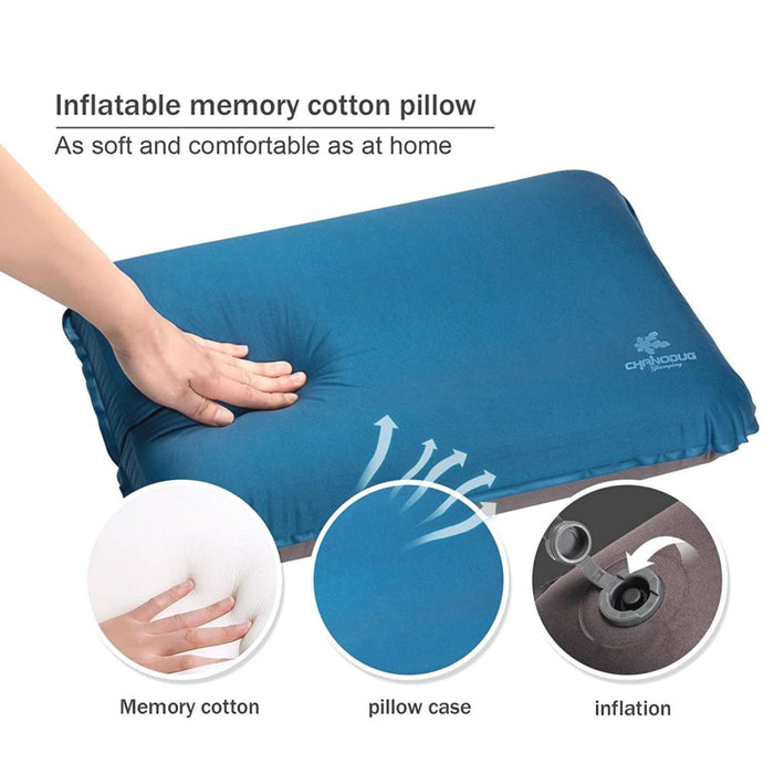 Self Inflating Camping Pillow with Ergonomic 4D Support - Blue - Outbackers