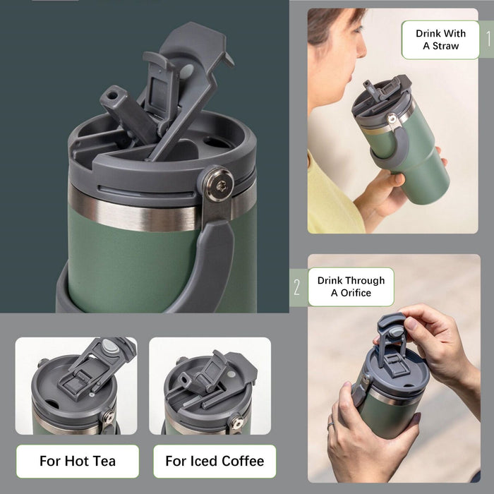 750ML Black Stainless Steel Travel Mug with Leak-proof 2-in-1 Straw and Sip Lid, Vacuum Insulated Coffee Mug for Car, Office, Perfect Gifts, Keeps Liquids Hot or Cold - Outbackers