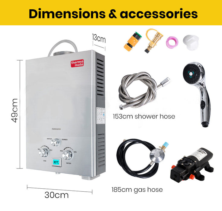 Thermomate Outdoor Water Heater Gas Camping Hot Portable Tankless Shower Pump - Outbackers