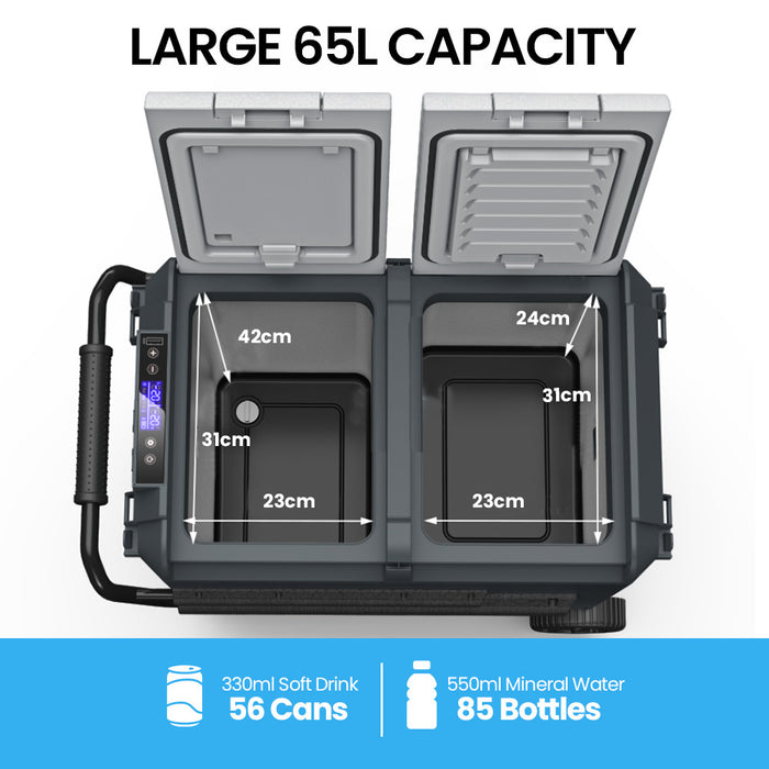 Gecko 65L Dual Zone Portable Fridge Freezer with onboard Lithium Battery, 12V/24V/240V, with 2 Doors, Wheels, for Camping, Car, Outings - Outbackers