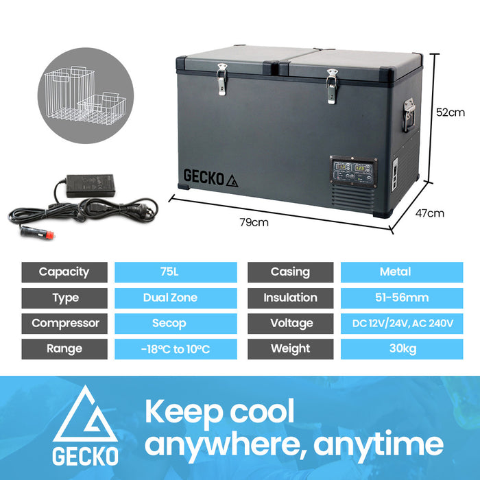 GECKO 75L Dual Zone Portable Fridge / Freezer, SECOP Compressor, for Camping, Car, Caravan - Outbackers