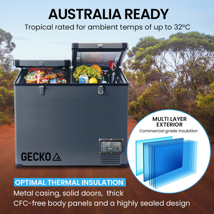 GECKO 92L Dual Zone Portable Fridge / Freezer, SECOP Compressor, for Camping, Car, Caravan - Outbackers