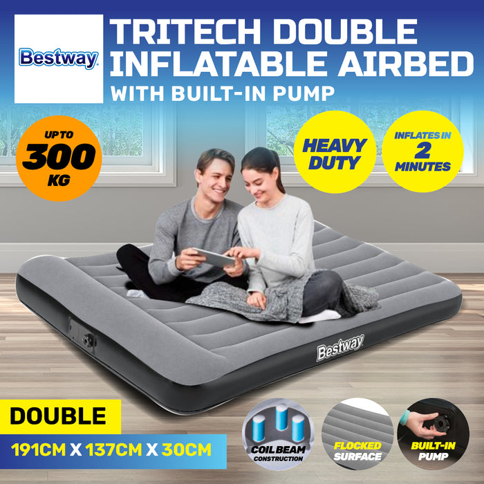 Bestway Double Inflatable Air Bed Tritech Built-In Pump Heavy Duty - Outbackers