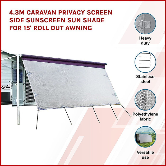 4.3m Caravan Privacy Screen Side Sunscreen Sun Shade for 15' Roll Out Awning - Outbackers