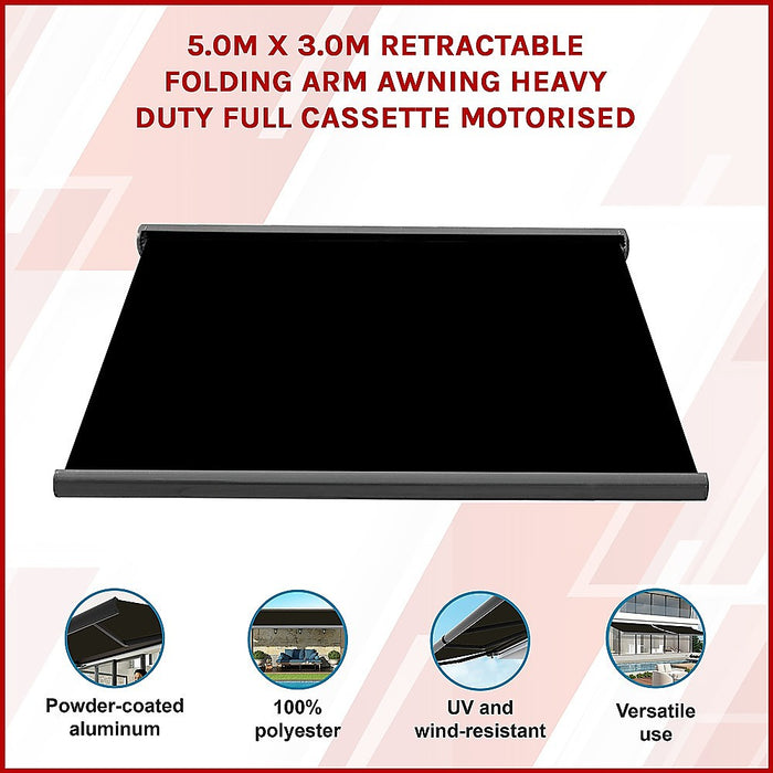 5.0m x 3.0m Retractable Folding Arm Awning Heavy Duty Full Cassette Motorised - Outbackers