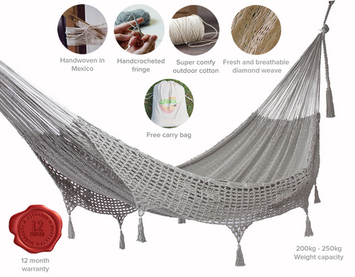 Outdoor undercover cotton Mayan Legacy hammock with hand crocheted tassels King Size Dream Sands - Outbackers