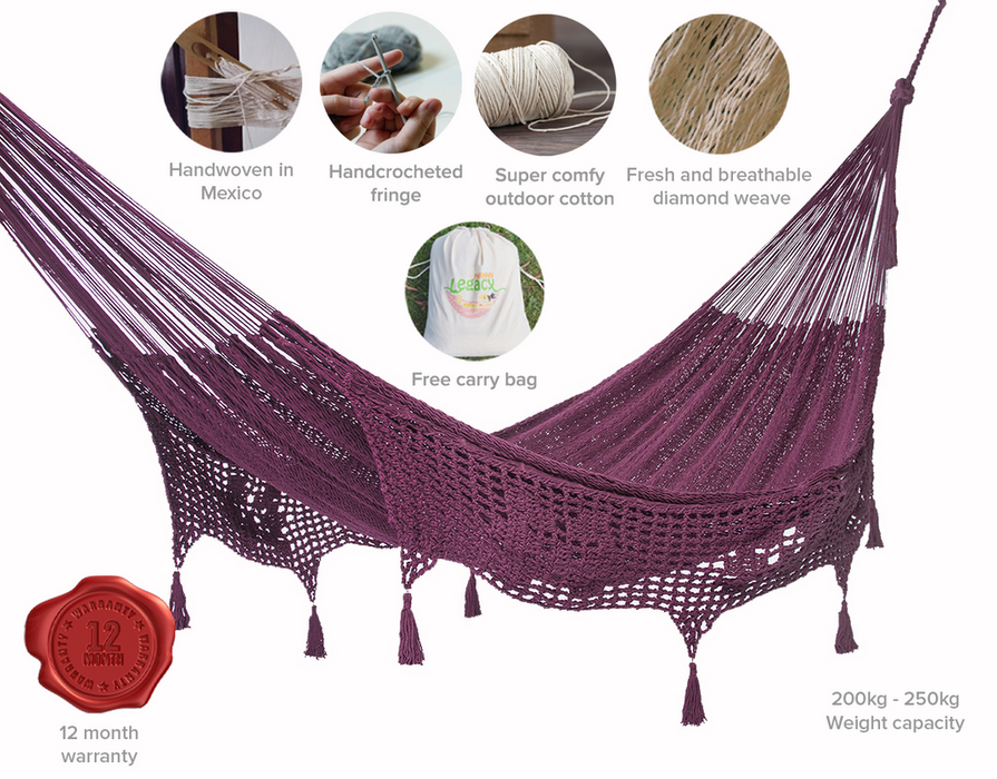 Outdoor undercover cotton Mayan Legacy hammock with hand crocheted tassels King Size Maroon - Outbackers