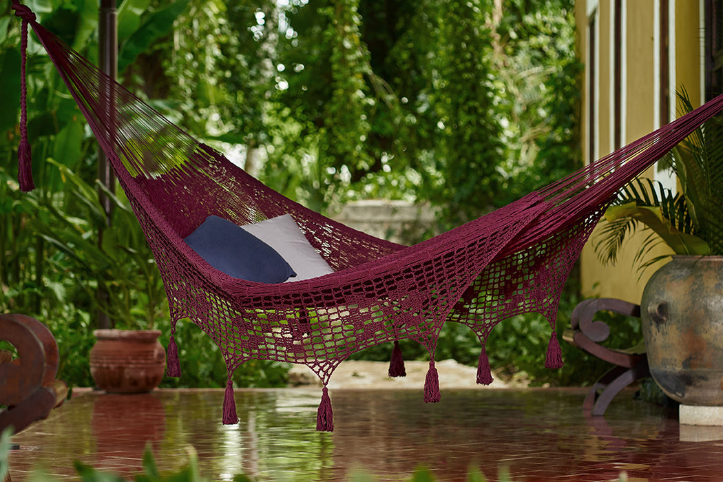 Outdoor undercover cotton Mayan Legacy hammock with hand crocheted tassels King Size Maroon - Outbackers