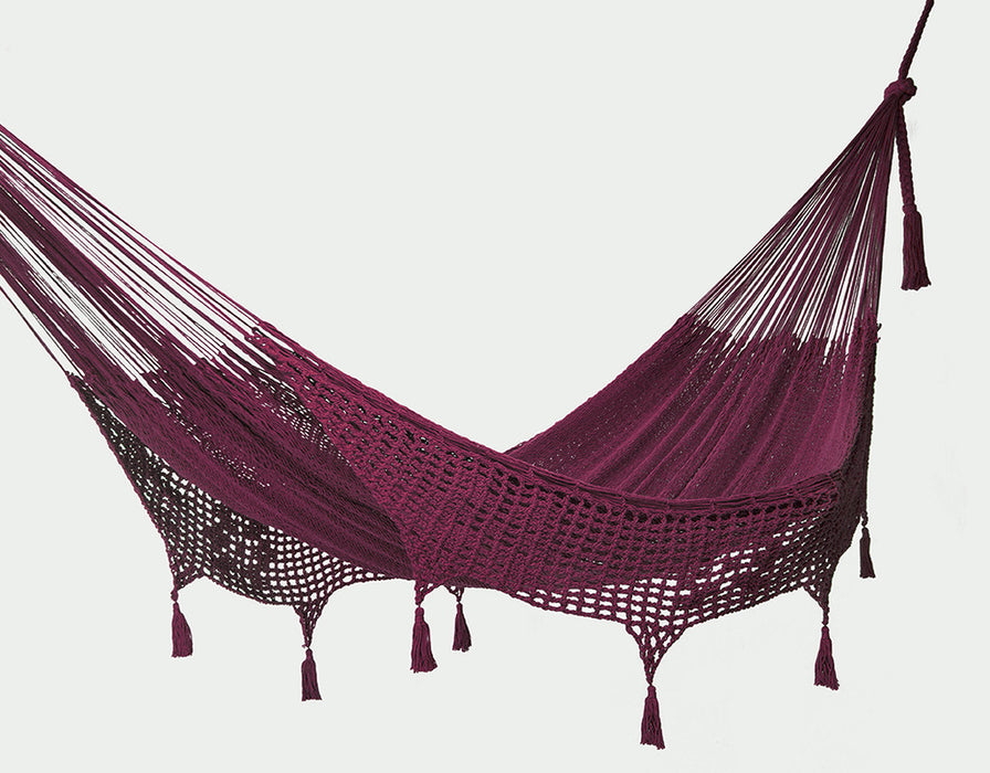 Outdoor undercover cotton Mayan Legacy hammock with hand crocheted tassels King Size Maroon - Outbackers