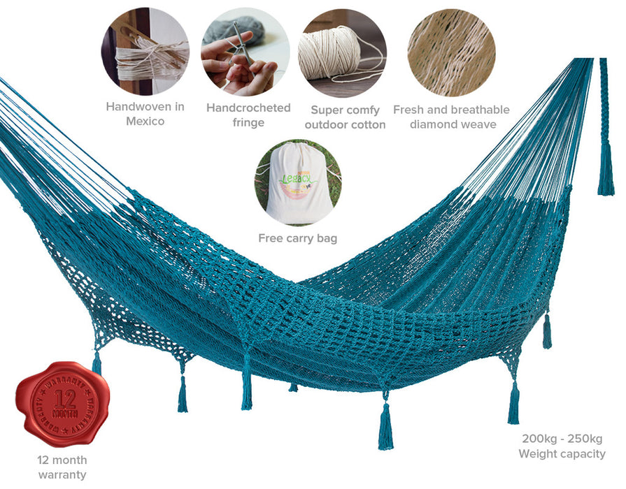 Outdoor undercover cotton Mayan Legacy hammock with hand crocheted tassels Queen Size Bondi - Outbackers